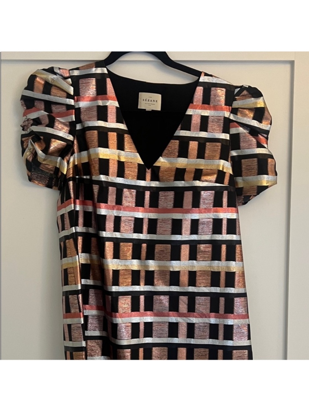 Sezane Sz 34 XS Metallic Grid V-Neck Puff Sleeve Dress in Multi-Color - Picture 2 of 2